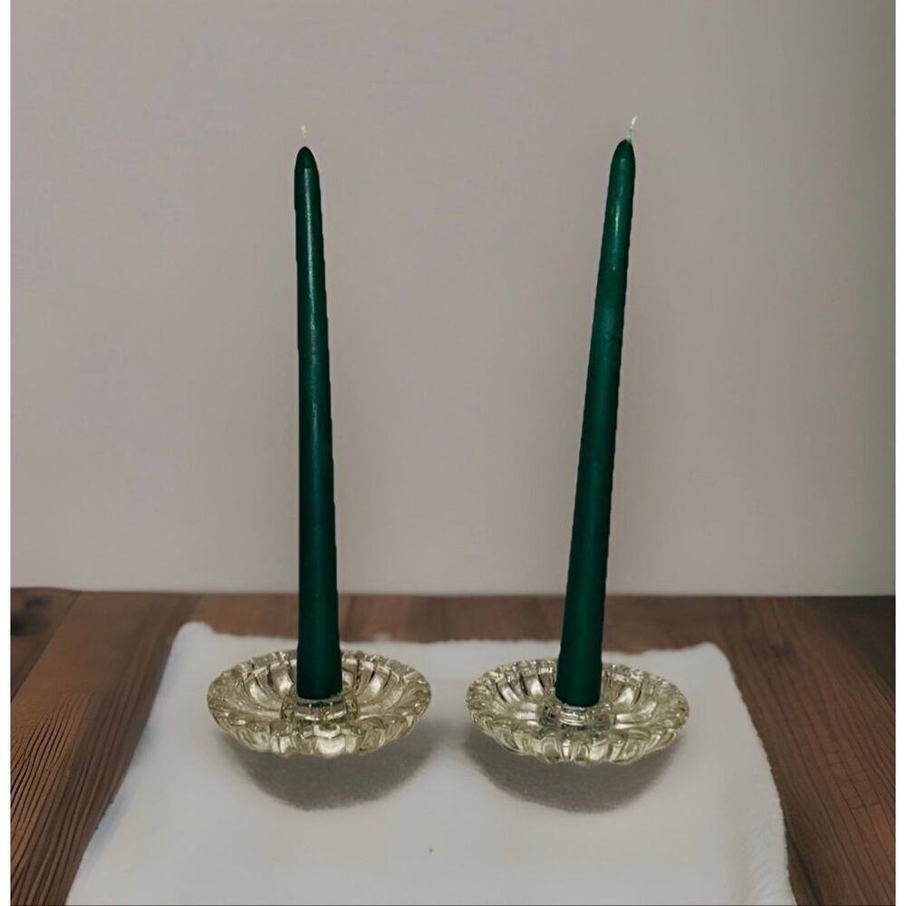 Vintage Hazel Atlas Clear Glass Sunflower Daisy Taper Candle Holders, Set of 2
